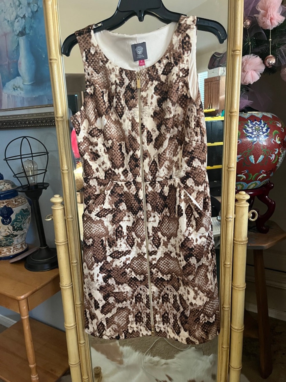 Vince Camuto Brown and Cream Snake-Print Zip Front Midi Dress